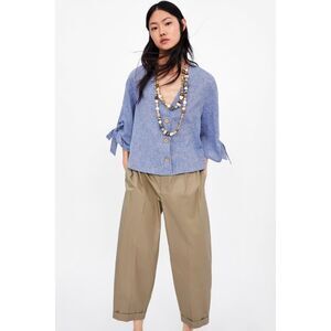 Zara Small Linen Blend Chambray Button Front V-Neck Flared Tie Sleeve